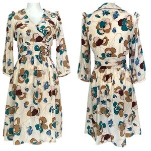 Vtg SARA BERMAN Silk Floral Chiffon Wrap Dress sz S Brown Blue Abalone Buttons